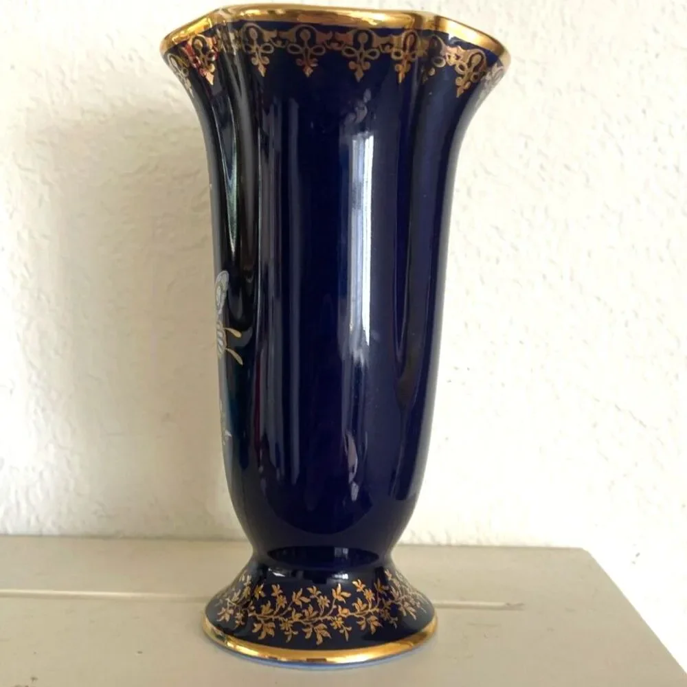 VTG Limoges France Cobalt Blue & Gold Butterfly Floral Vase Diffuse Par Valette